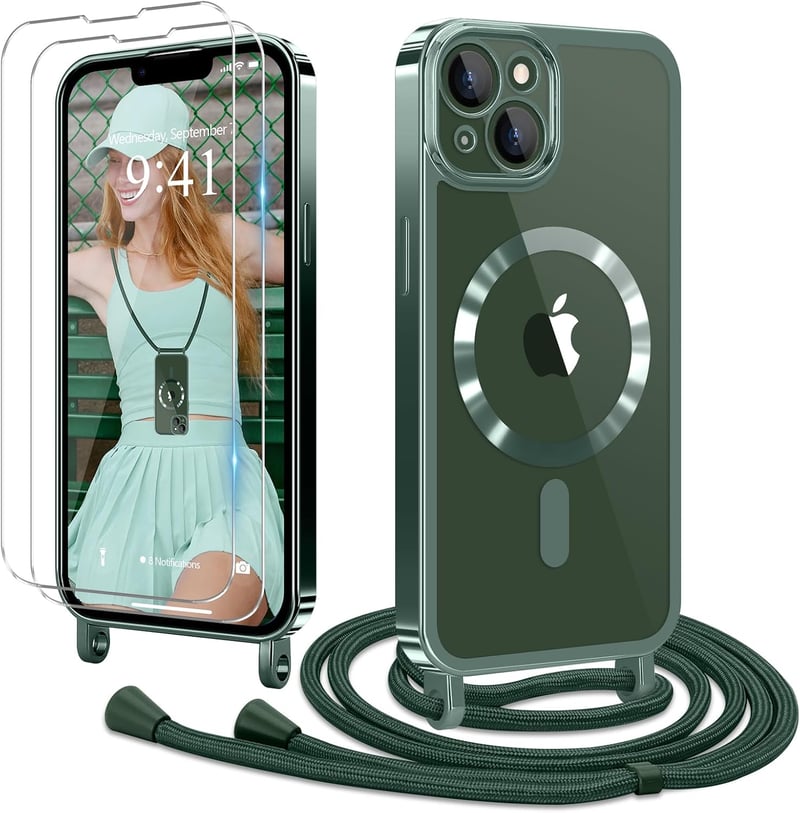 Ethanger iPhone 13/14 Szilikon Tok Lánccal, Mágneses Védelem + 2 Üvegfólia, Zöld - iPhone 13 / iPhone 14, Green