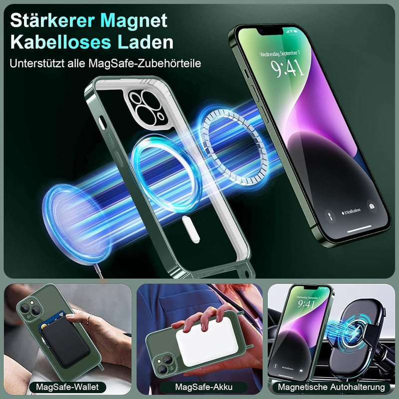 Ethanger iPhone 13/14 Szilikon Tok Lánccal, Mágneses Védelem + 2 Üvegfólia, Zöld - iPhone 13 / iPhone 14, Green
