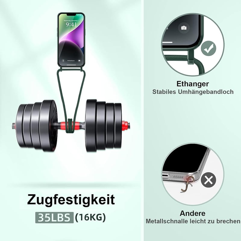 Ethanger iPhone 13/14 Szilikon Tok Lánccal, Mágneses Védelem + 2 Üvegfólia, Zöld - iPhone 13 / iPhone 14, Green