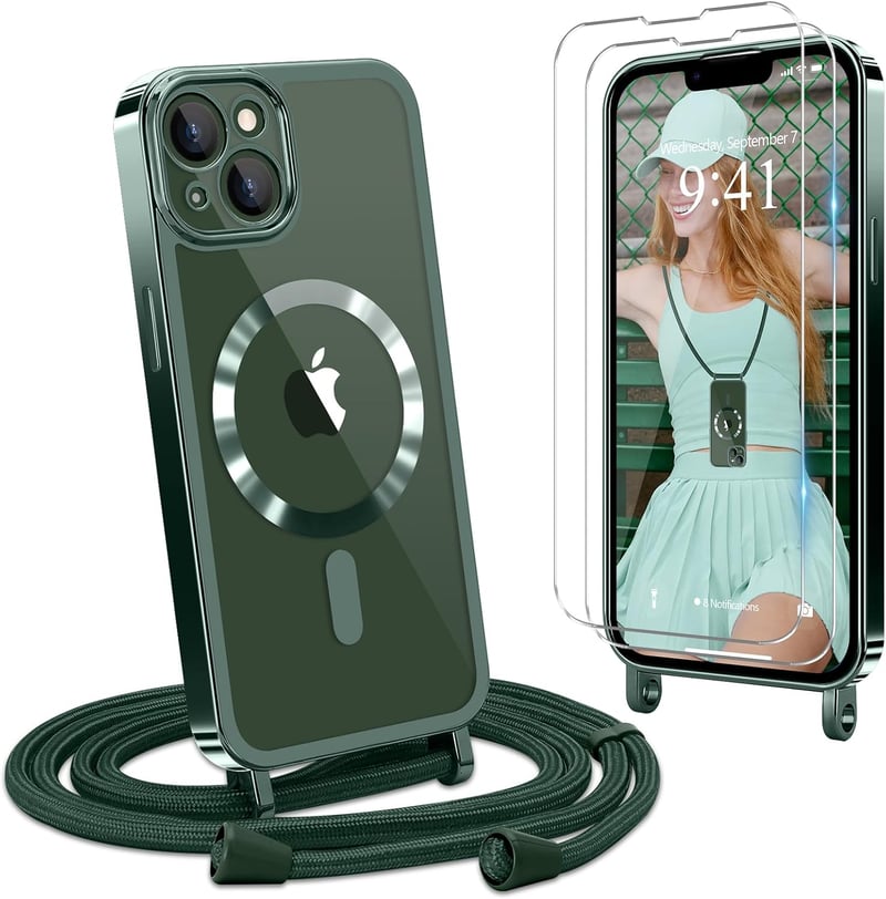Ethanger iPhone 13/14 Szilikon Tok Lánccal, Mágneses Védelem + 2 Üvegfólia, Zöld - iPhone 13 / iPhone 14, Green