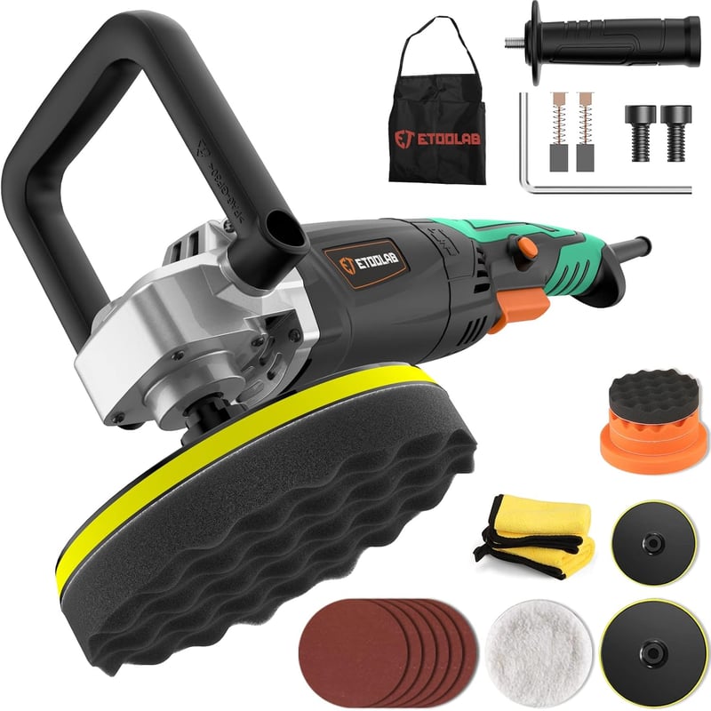 ETOOLAB Professzionális Polírozógép 1200W - 7 Sebességfokozat, 22 Részes Szett, 152/178 mm Polírozó Korongokkal Autó, Hajó, Bútor Polírozásá