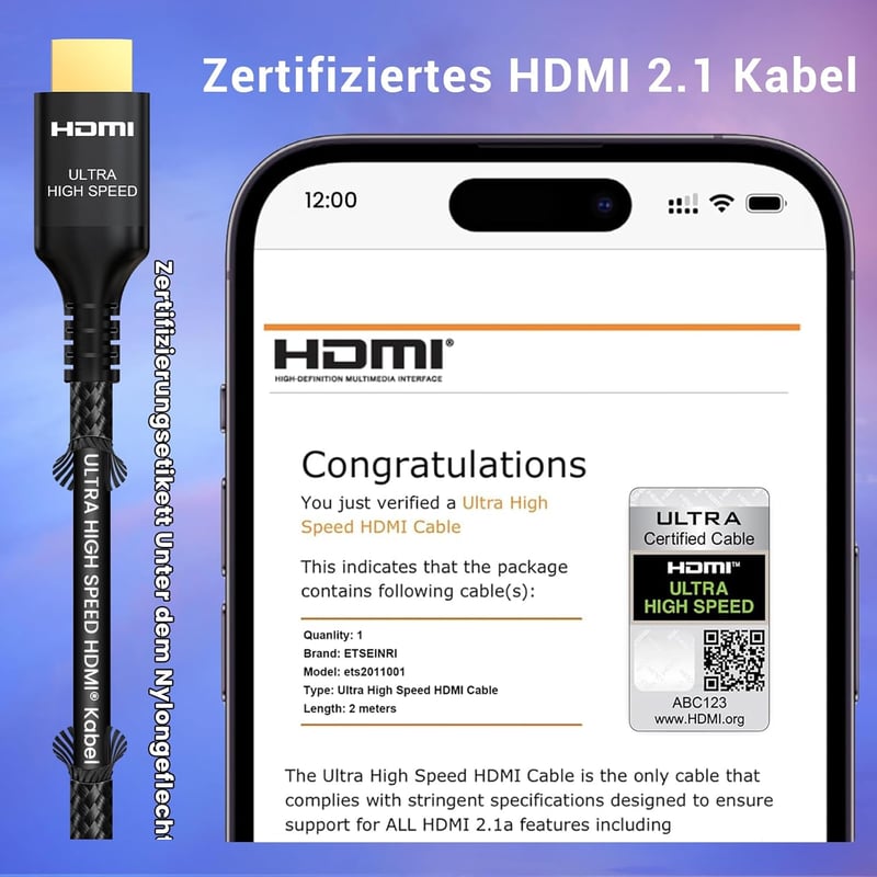 Etseinri HDMI 2.1 kábel 1,5m 8K/10K 48Gbps Ultra High Speed eARC HDR10+