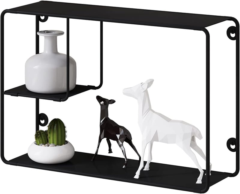EUGAD Fali Polc Szett, Fekete Fém Lebegő Polcrendszer 3 Szinttel, Ipari Stílusú Fali Dekoráció Nappaliba, Fürdőszobába, 38x25,5x11,5 cm, 5 k