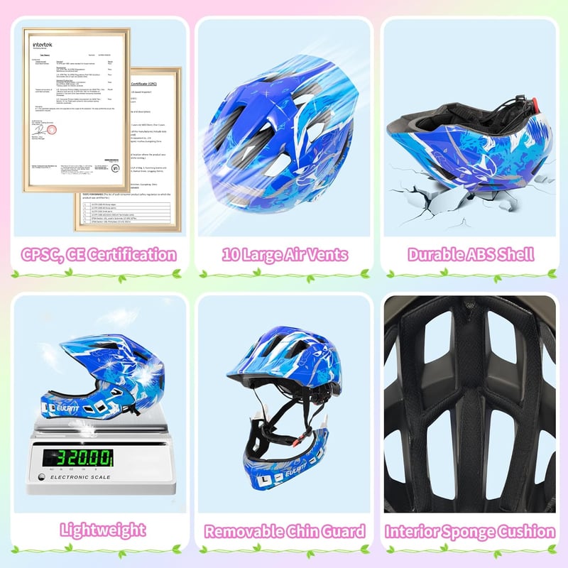 EULANT Gyerek Kerékpár Sisak Állvédővel Kék M Méret - Teljes Arcvédő Bukósisak Fiúknak BMX MTB Downhill Görkorcsolya