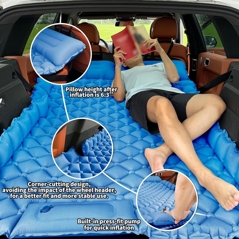 EULANT Kék felfújható autós matrac lábpumpával vízálló 2 személynek 183x131x7 cm csomagtartóhoz SUV MPV RV utazóágy