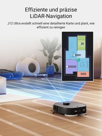 Robotický vysávač EUREKA J12 Ultra s funkciou mopovania, automatickou stanicou (vyprázdňovanie, umývanie, sušenie), sacím výkonom 5000 Pa, rotujúcim mopom, duálnou LiDAR navigáciou a 3D rozpoznávaním prekážok 5