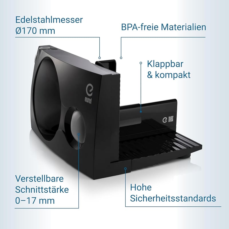 EUREL RS42 elektromos kenyérszeletelő, összecsukható, 170 mm, rozsdamentes penge - Black Rs42