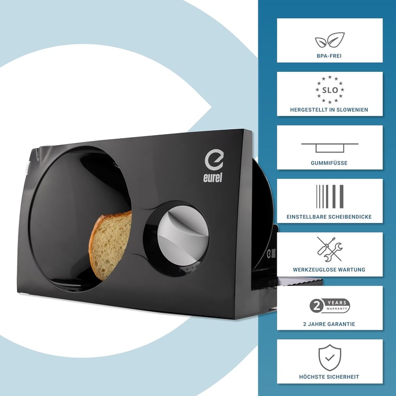 EUREL RS42 elektromos kenyérszeletelő, összecsukható, 170 mm, rozsdamentes penge - Black Rs42