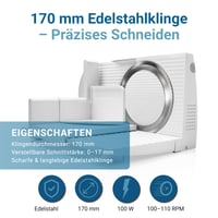 Elektrický krájač EUREL RS42 biely – Skladací krájač na chlieb s čepeľou z nehrdzavejúcej ocele Ø 170 mm – hrúbka rezu 0 – 17 mm, bez BPA 5