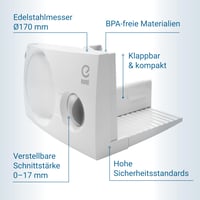 Elektrický krájač EUREL RS42 biely – Skladací krájač na chlieb s čepeľou z nehrdzavejúcej ocele Ø 170 mm – hrúbka rezu 0 – 17 mm, bez BPA 2