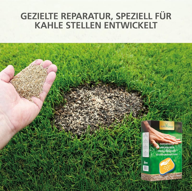 EURO GRASS Gyepjavító Fűmag Keverék Gyors Csírázású 2kg 130m² Kopár Foltok Javítására Sűrű Tartós Gyep Őszi Vetéshez