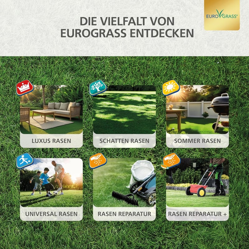 EURO GRASS Gyepjavító Fűmag Keverék Gyors Csírázású 2kg 130m² Kopár Foltok Javítására Sűrű Tartós Gyep Őszi Vetéshez