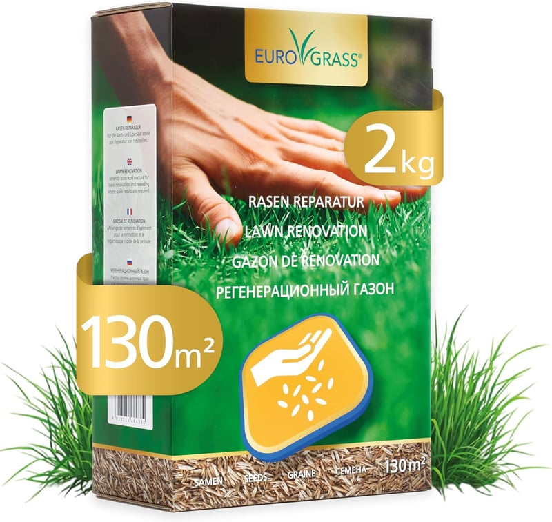 EURO GRASS Gyepjavító Fűmag Keverék Gyors Csírázású 2kg 130m² Kopár Foltok Javítására Sűrű Tartós Gyep Őszi Vetéshez