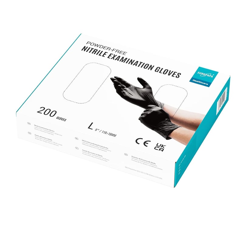 EUROPAPA 200 db Nitril Vizsgálókesztyű Fekete L Méret Latex Mentes EN455