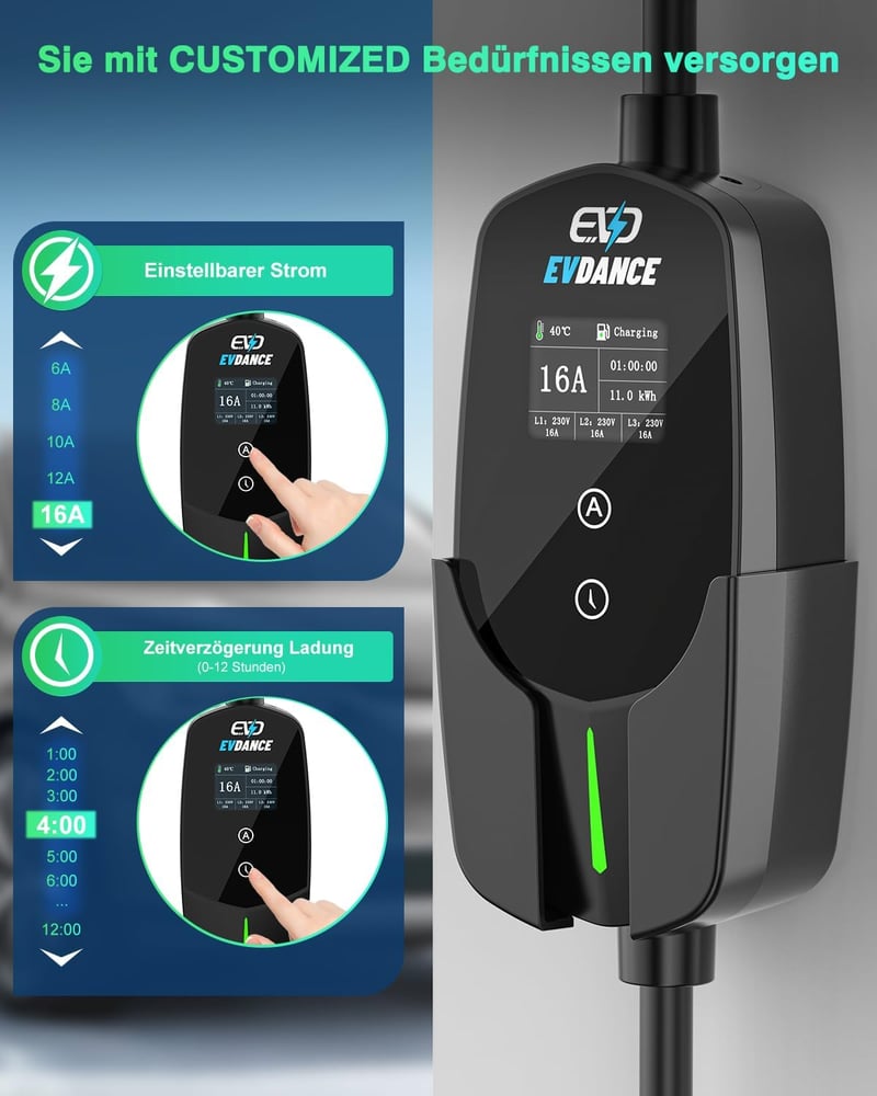 EVDANCE 11 kW hordozható Wallbox Type 2 töltőkábel 7,8m CEE 16A elektromos autóhoz