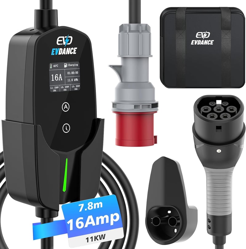 EVDANCE 11 kW hordozható Wallbox Type 2 töltőkábel 7,8m CEE 16A elektromos autóhoz