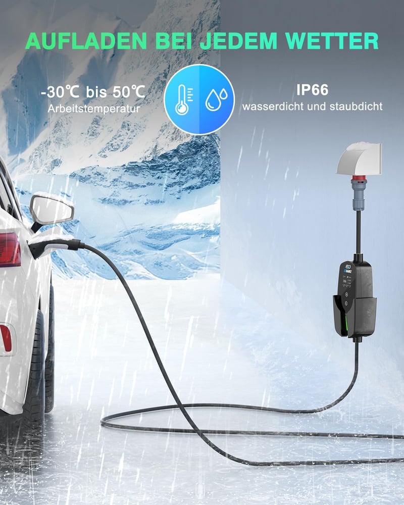 EVDANCE 11 kW hordozható Wallbox Type 2 töltőkábel 7,8m CEE 16A elektromos autóhoz