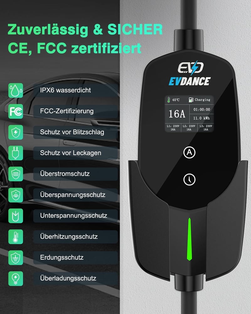 EVDANCE 11 kW hordozható Wallbox Type 2 töltőkábel 7,8m CEE 16A elektromos autóhoz