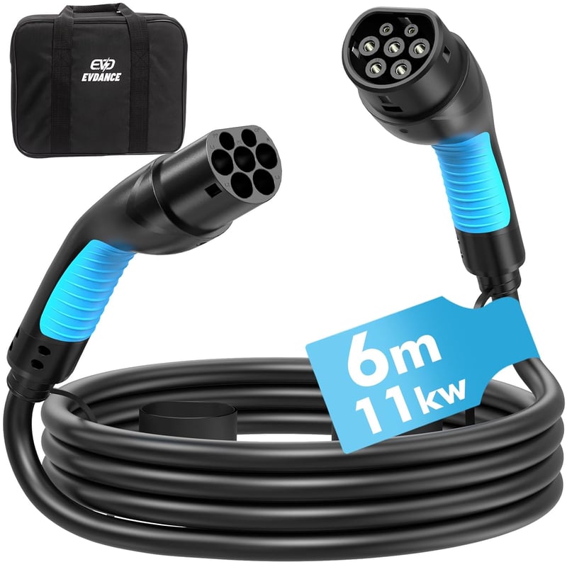 EVDANCE Type 2 Elektromos Autó Töltőkábel, 6m, 11kW, 16A, 3 Fázisú, Hordtáskával, IP65 Vízálló, -30°C-50°C, Gyorstöltés, Wallbox Kompatibili