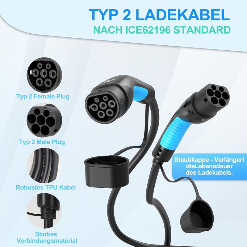 EVDANCE Type 2 Elektromos Autó Töltőkábel, 6m, 11kW, 16A, 3 Fázisú, Hordtáskával, IP65 Vízálló, -30°C-50°C, Gyorstöltés, Wallbox Kompatibili
