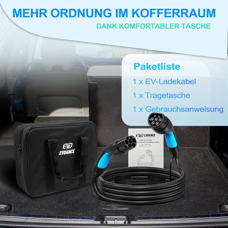 EVDANCE Type 2 Elektromos Autó Töltőkábel, 6m, 11kW, 16A, 3 Fázisú, Hordtáskával, IP65 Vízálló, -30°C-50°C, Gyorstöltés, Wallbox Kompatibili