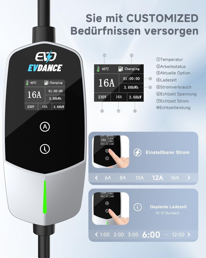 EVDANCE Type 2 Schuko 3.68 kW elektromos autó töltőkábel 6.1m