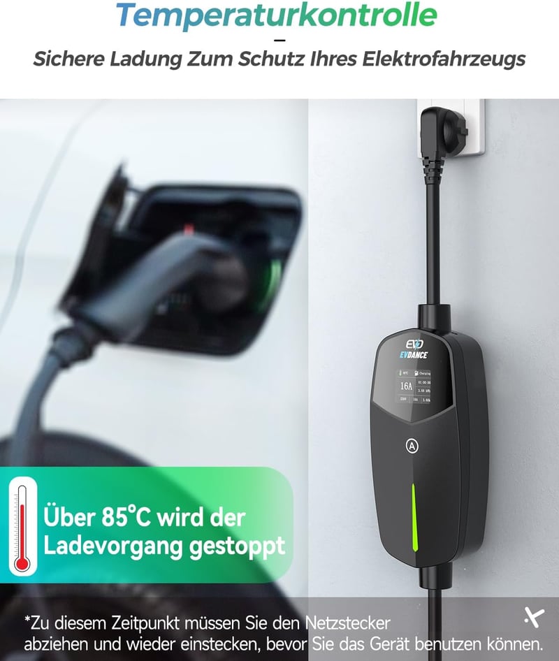EVDANCE Type 2 Schuko elektromos autó töltőkábel 3.68kW 6.1m 16A