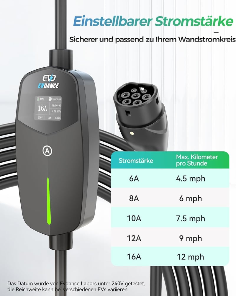 EVDANCE Type 2 Schuko elektromos autó töltőkábel 3.68kW 6.1m 16A
