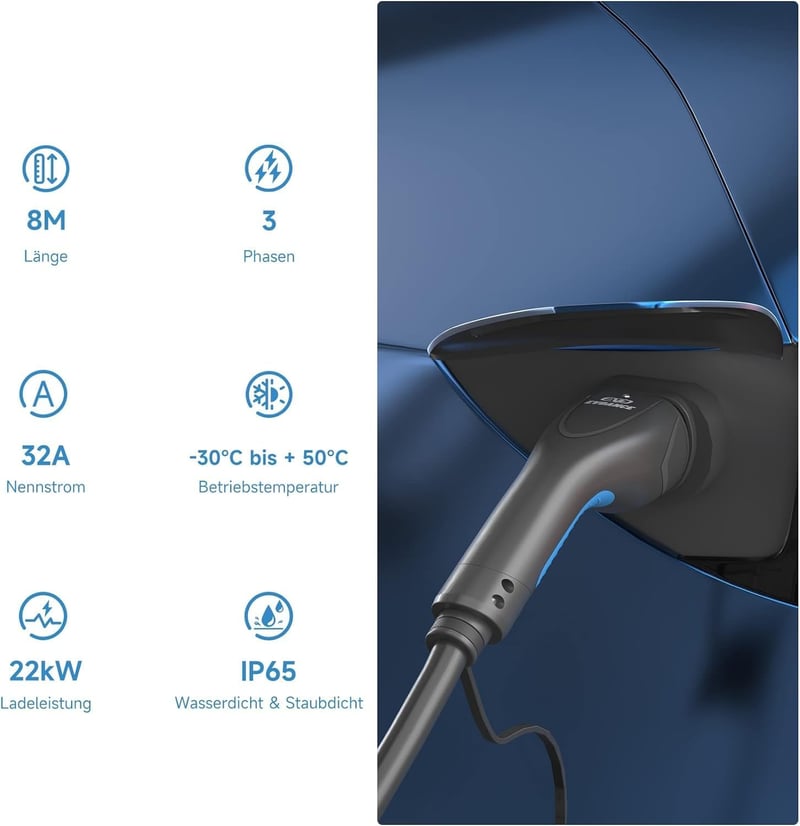 EVDANCE Type 2 Töltőkábel 22kW 32A 8m 3-fázis EV autóhoz táskával