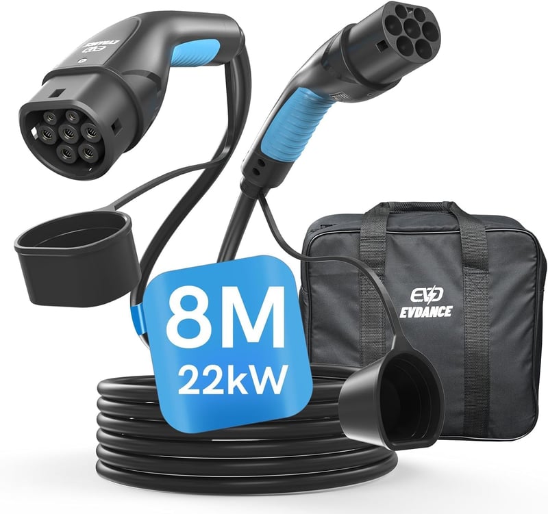 EVDANCE Type 2 Töltőkábel 22kW 32A 8m 3-fázis EV autóhoz táskával
