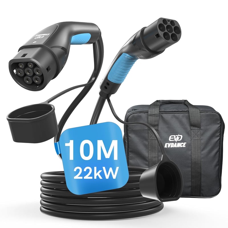 EVDANCE Type 2 Töltőkábel Elektromos Autóhoz 22 kW 32A 10m Háromfázisú EV PHEV Gyorstöltő Kábel Táskával IP65 Vízálló