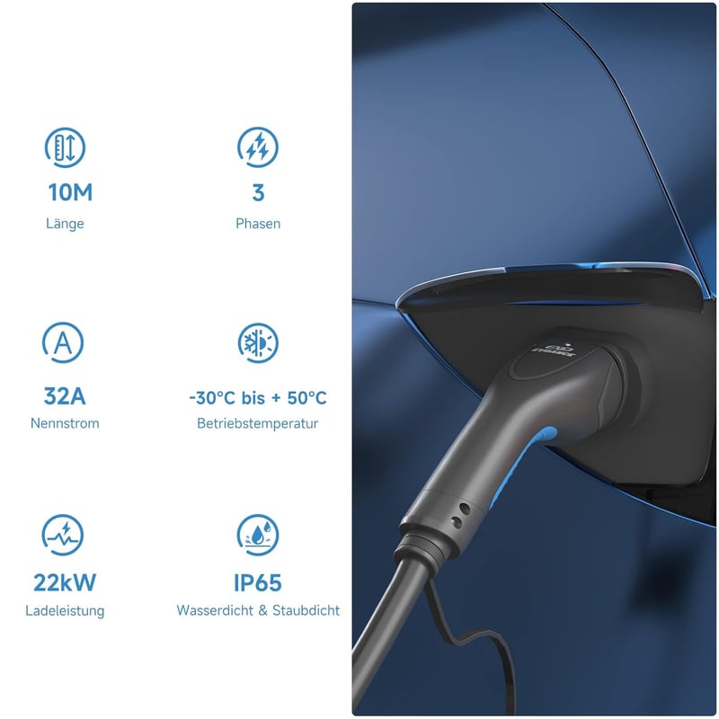 EVDANCE Type 2 Töltőkábel Elektromos Autóhoz 22 kW 32A 10m Háromfázisú EV PHEV Gyorstöltő Kábel Táskával IP65 Vízálló