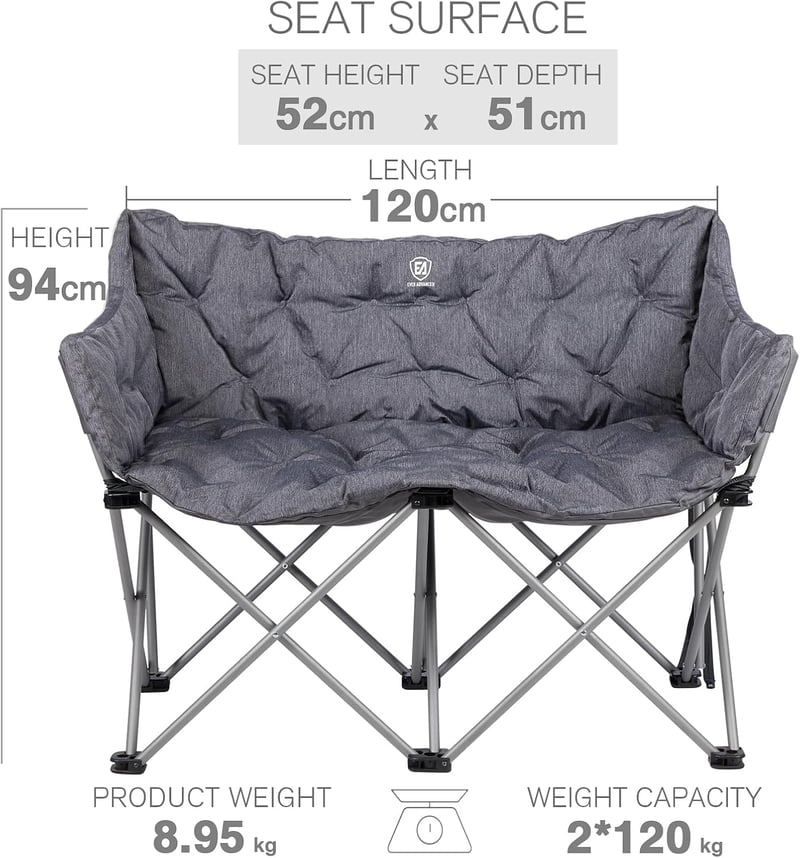 EVER ADVANCED Kétszemélyes Kemping Szék 300kg Teherbírás Párnázott Magas Támlával