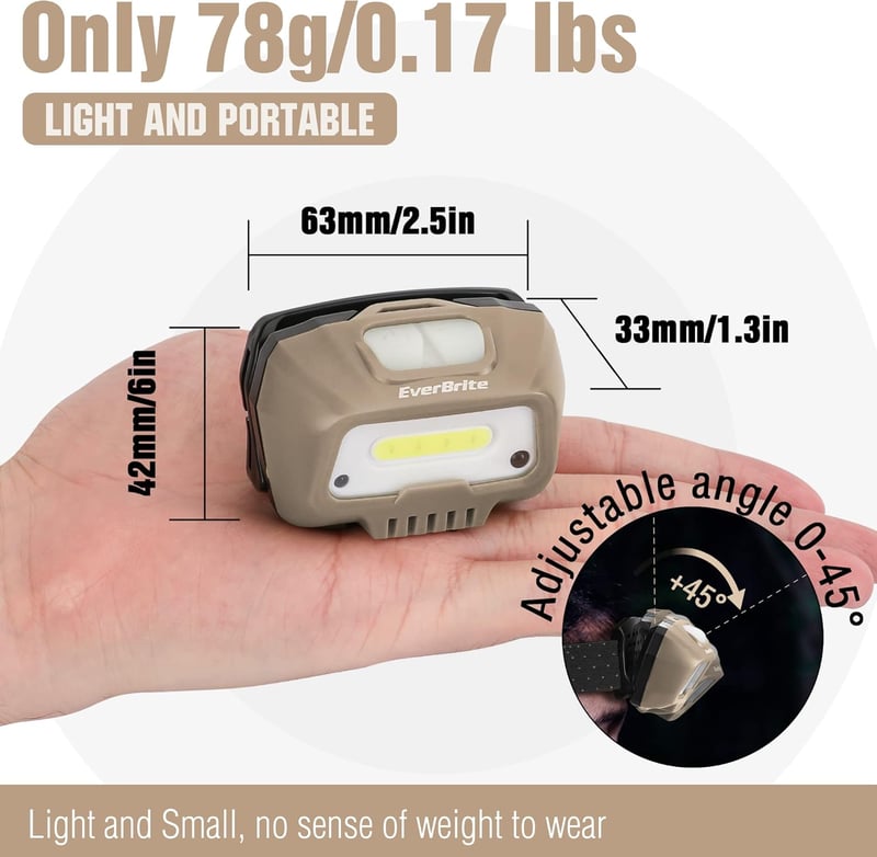 EverBrite LED fejlámpa 350 lumen khaki, USB töltős, mozgásérzékelő, 4 mód, vörös fény