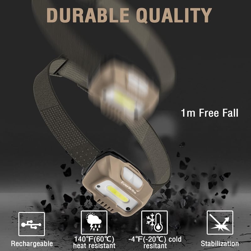 EverBrite LED fejlámpa 350 lumen khaki, USB töltős, mozgásérzékelő, 4 mód, vörös fény