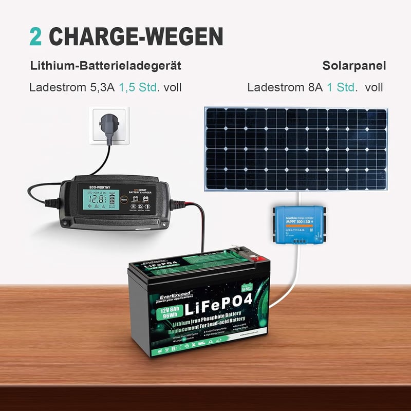 EverExceed 12V 8Ah LiFePO4 Lítium Akkumulátor Napelem Szélenergia Halradarhoz
