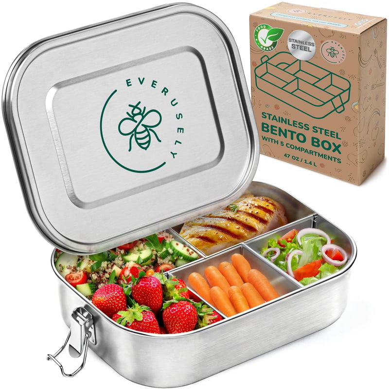 Everusely Bento Box, Caserolă din Oțel Inoxidabil de 1,4 L, 5 Compartimente, pentru Adulți și Copii