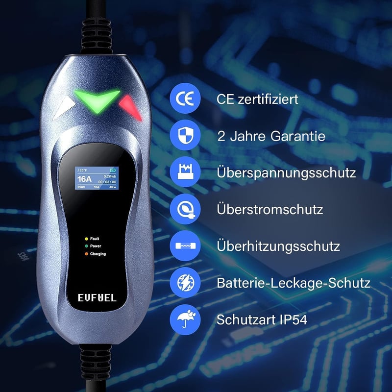 EVFUEL Type 2 hordozható EV töltőkábel 16A, 3.6 kW, 5 méter, Schuko EU