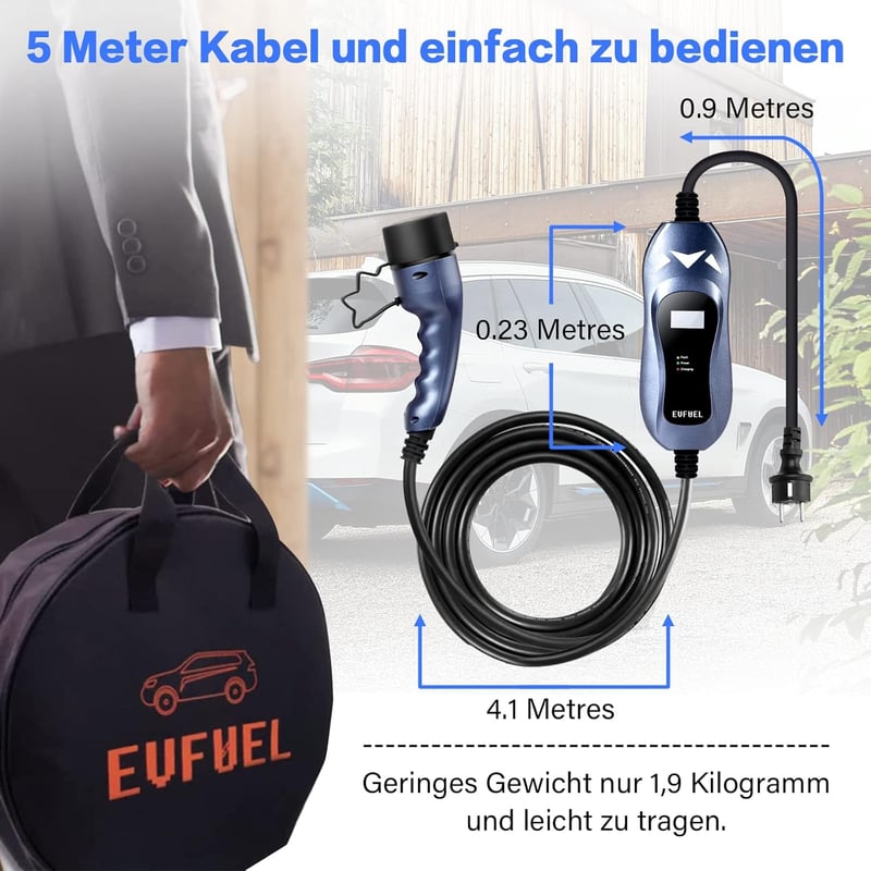 EVFUEL Type 2 hordozható EV töltőkábel 16A, 3.6 kW, 5 méter, Schuko EU