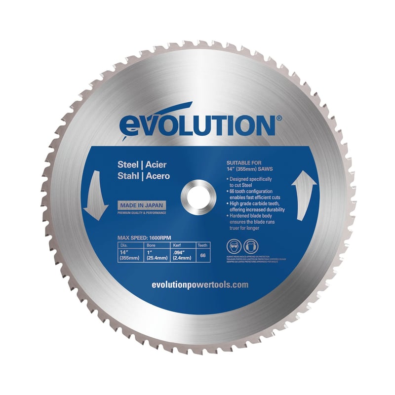 Disc de ferăstrău circular TCT Evolution Power Tools M355TCT-66CS pentru tăierea oțelului moale, 355 mm, 66 dinți, alezaj 25,4 mm, pentru ferăstraie unghiulare și ferăstraie debitatoare