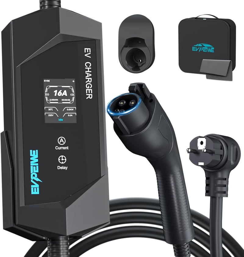 EVPEIWE Type 1 Elektromos Autó Töltőkábel Schuko Csatlakozóval - 3,68 kW, 5m, Állítható Áramerősség, Hordozható, IP65 Vízálló, SAE J1772