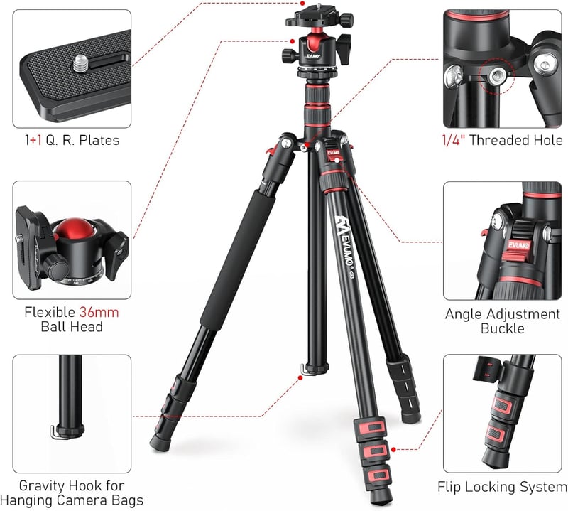 EVUMO 203 cm Kamera Állvány 36 mm Gömbfejjel - 8 kg Teherbírású DSLR Tripod Monopod Funkcióval, Videókamerákhoz és Fényképezőgépekhez, 2 Gyo