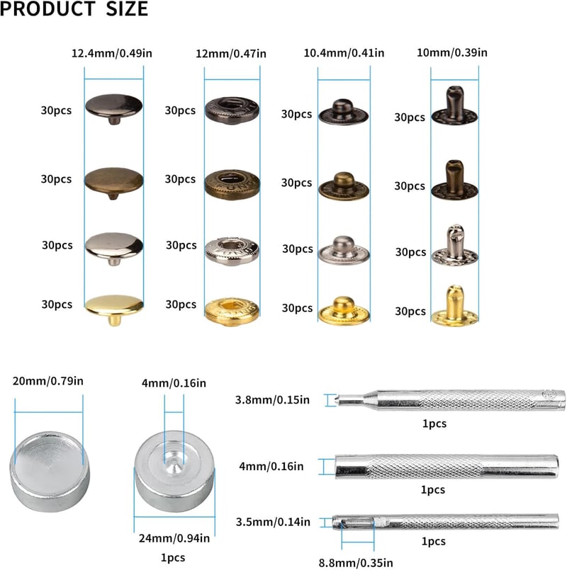 Ewwtrey 120 db Patentgomb Készlet, 12.5 mm Réz Fém Patentek Varrás Nélkül, Szerszámmal Bőr Kabát Ruházat Táska Kézműves