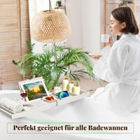 Etajeră pentru cadă din bambus Exabang, reglabilă 75-109 x 23 x 4,5 cm, tavă albă pentru cadă cu suport pentru băuturi, suport pentru cărți și suport pentru pahar de vin 2