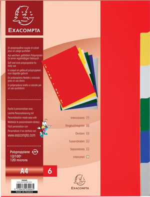 Exacompta 3006E Premium A4 registrator, 6 dijelova, PP pregrade, puna visina 22x29,7 cm, 6 boja, izdržljivi plastični separator dokumenata