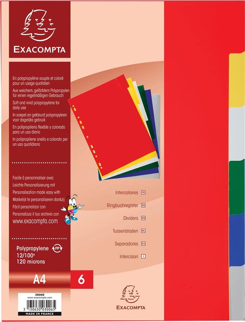 Exacompta 3006E Premium A4 index, 6-dielne PP rozlišovače, celková výška 22x29,7 cm, 6 farieb, odolný plastový organizér na dokumenty