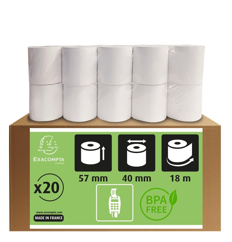 Termopapier do platobných terminálov Exacompta 40761E – 57 mm x 18 m, Ø 40 mm, bez fenolov, 55 g/m², 20 ks v balení