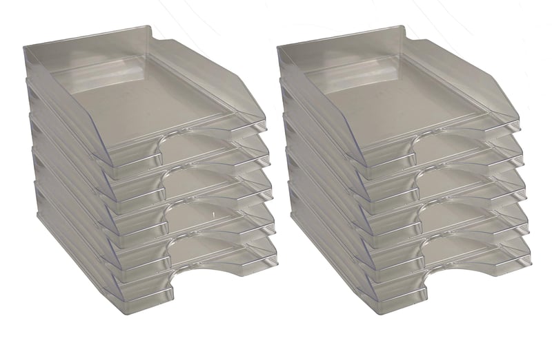 Set 10 tăvițe pentru documente A4+ Exacompta ECOTRAY 12327D, 34x25x6,5 cm, gri semitransparent, suprapozabile