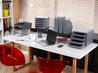 Set 10 tăvițe pentru documente A4+ Exacompta ECOTRAY 12327D, 34x25x6,5 cm, gri semitransparent, suprapozabile 7