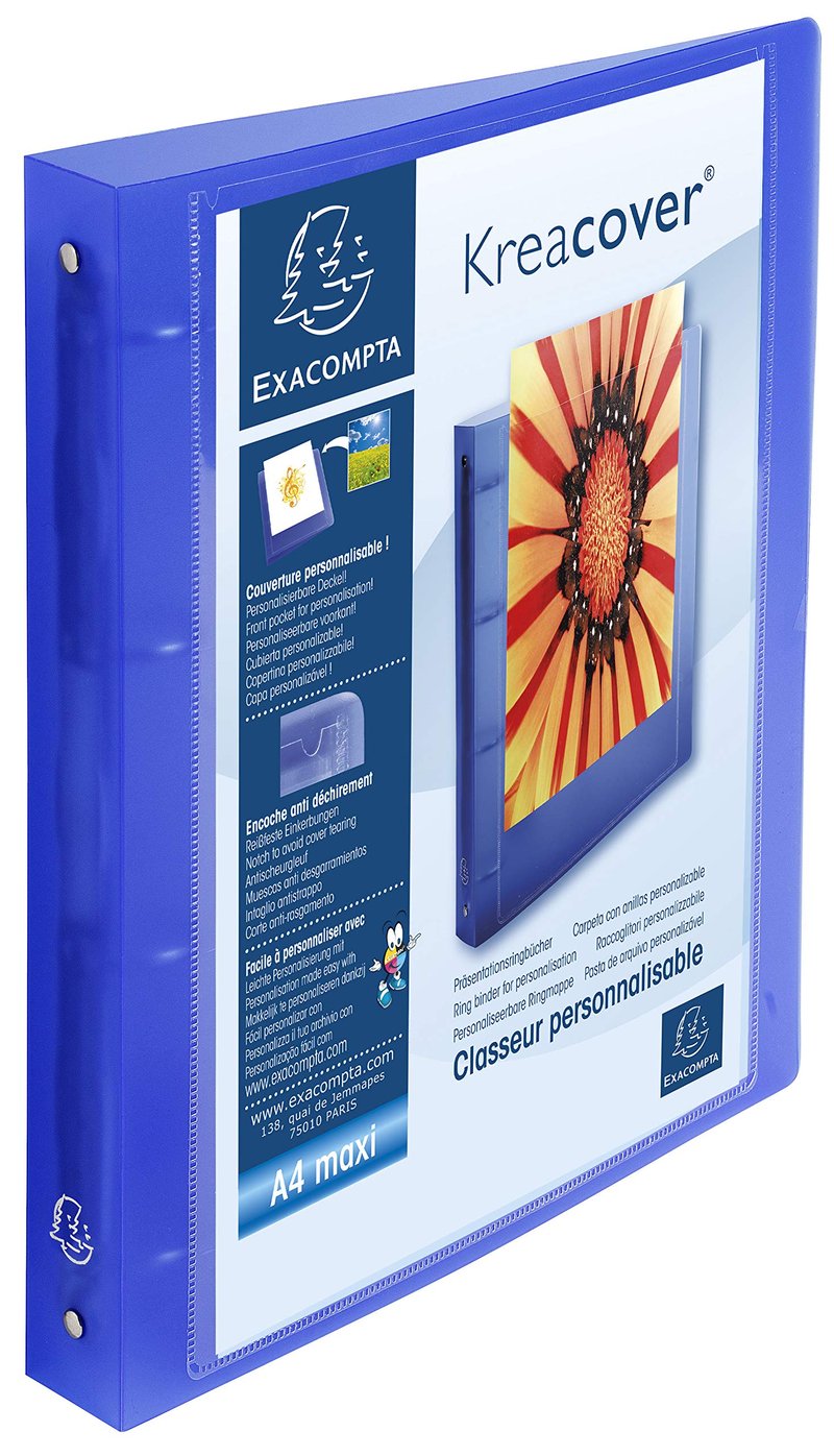 Zakladač Exacompta KreaCover 51562E A4 Maxi – 4 krúžky, priemer 30 mm, chrbát 40 mm, modrý, priehľadný PP obal, na školské a kancelárske použitie